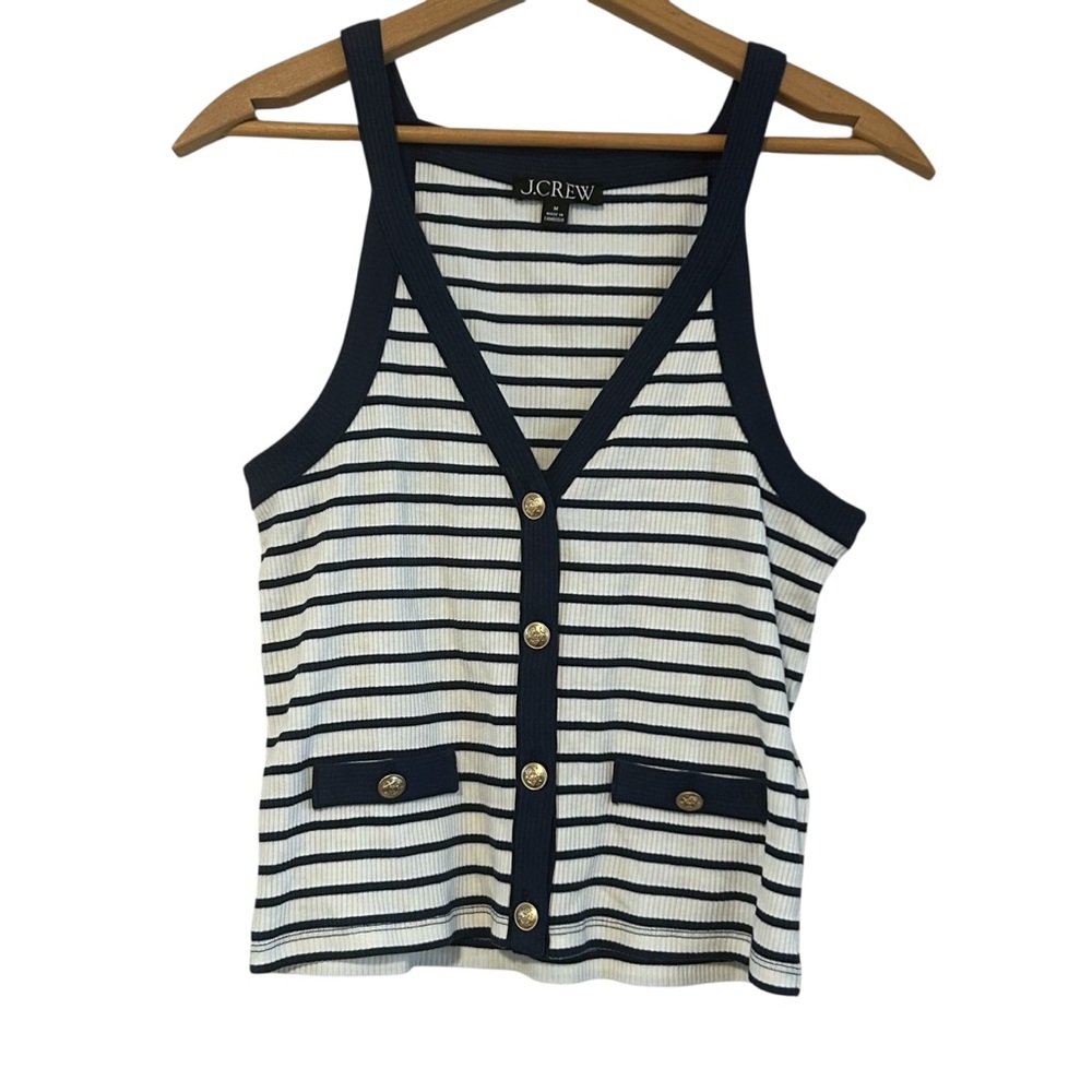 J. Crew Rib Lady Tank Top Striped Navy White Size Medium Gold Buttons